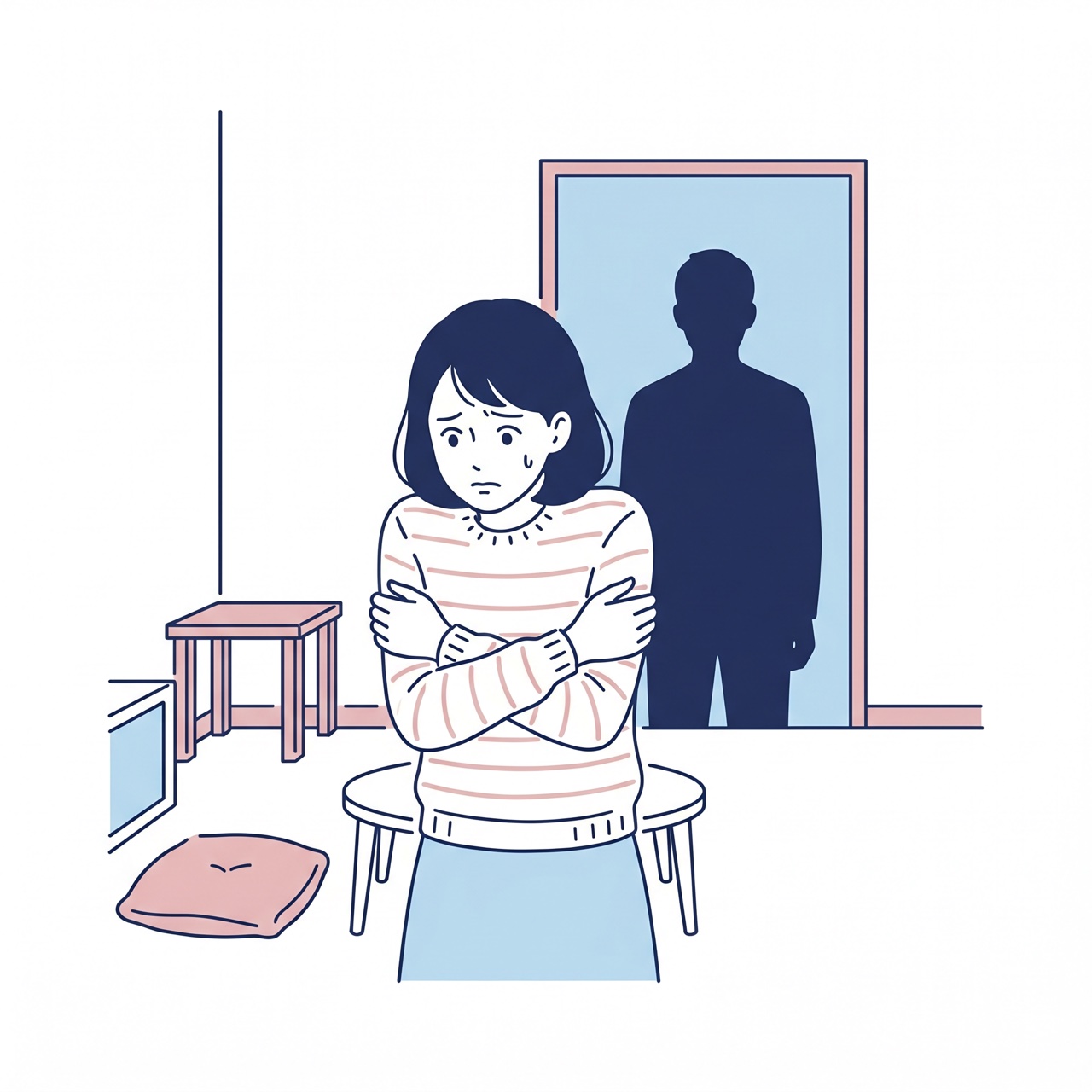 一人暮らしの部屋で訪問者に身構える、不安そうな女性のイラスト