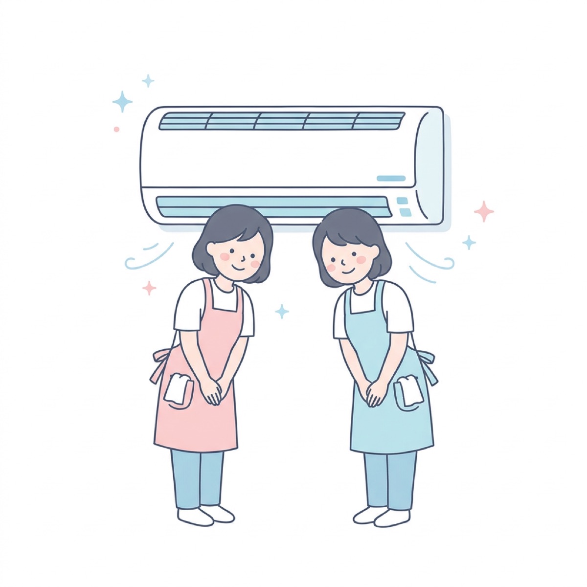 女性スタッフ2名がエアコン清掃道具を持って並ぶイラスト