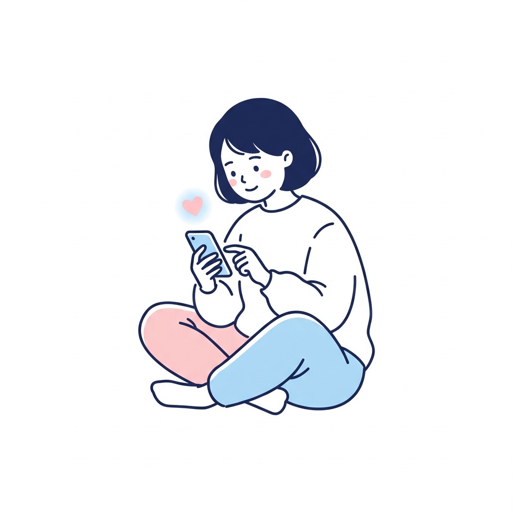スマホでSNSの投稿を見て、深く共感する女性のイラスト